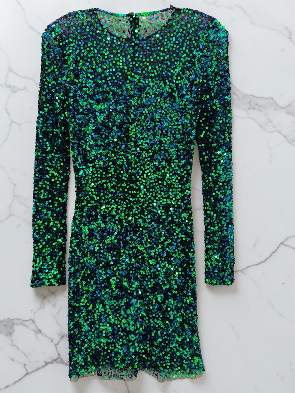 Mac Duggal Green and Blue Iridescent Sequin Long-Sleeve Dress - Picture 1 of 6